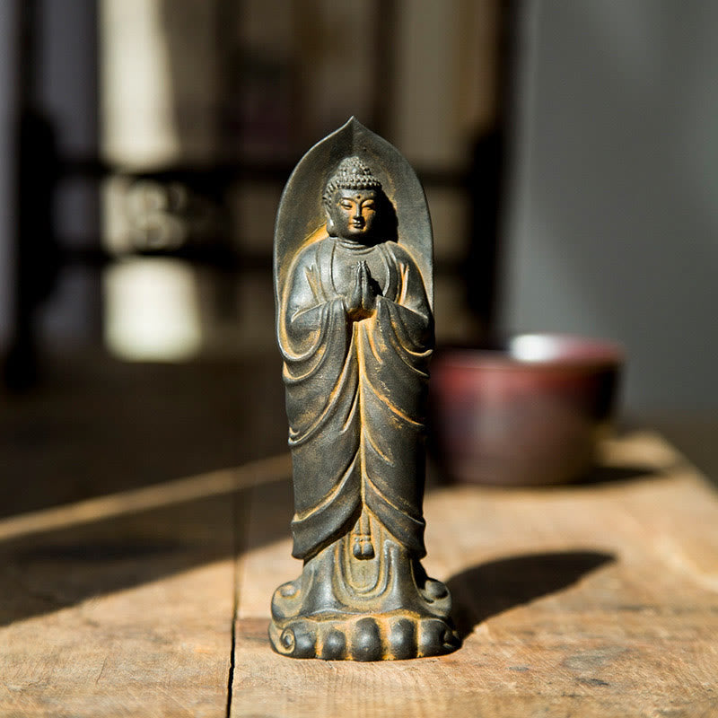Buddha Stones手作り釈迦牟尼仏ナマステ鉄粉錆びたキャスト樹脂像の装飾 - 錆仏 14.5×5×3.4cm - image 0