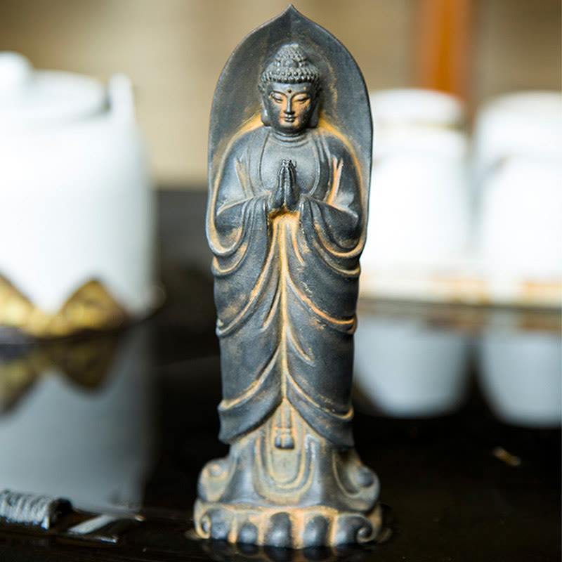 Buddha Stones手作り釈迦牟尼仏ナマステ鉄粉錆びたキャスト樹脂像の装飾 - image 9