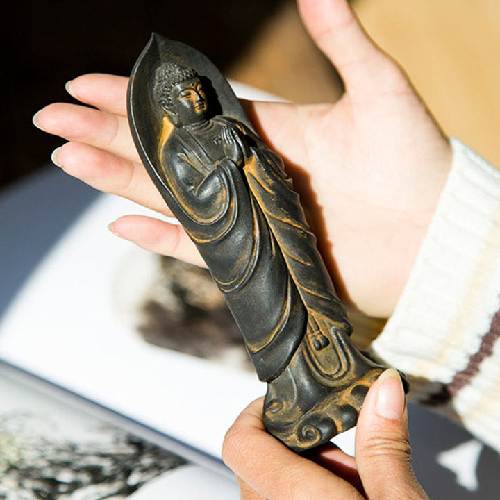 Buddha Stones手作り釈迦牟尼仏ナマステ鉄粉錆びたキャスト樹脂像の装飾 - image 2