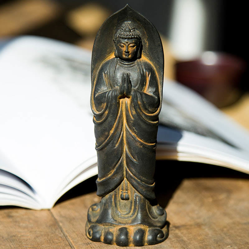 Buddha Stones手作り釈迦牟尼仏ナマステ鉄粉錆びたキャスト樹脂像の装飾 - image 4