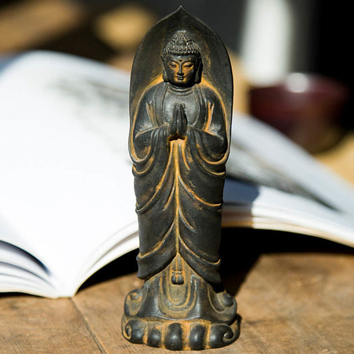 Buddha Stones手作り釈迦牟尼仏ナマステ鉄粉錆びたキャスト樹脂像の装飾 - image 4