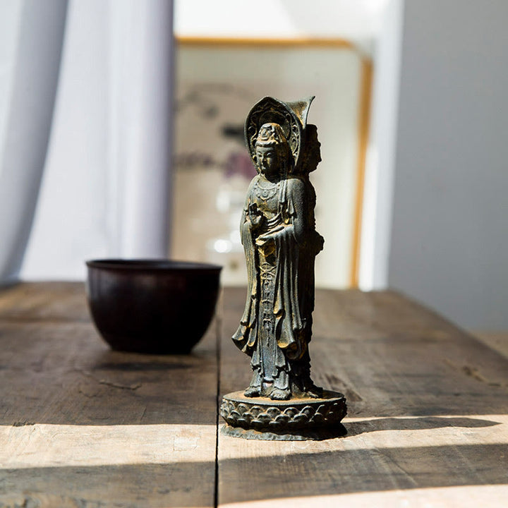 Buddha Stones三面観音 観音菩薩 鉄粉錆鋳造樹脂像 富の机上装飾 - 錆バージョン 16.5×6cm - image 0