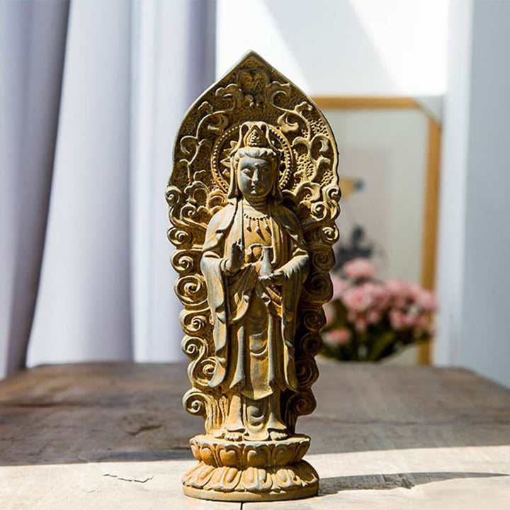 Buddha Stones手作り阿弥陀観音観音菩薩 Mahastamaprapta 鉄粉錆キャスト樹脂像装飾 - 仏花瓶 - 錆バージョン 18×7cm - image 14