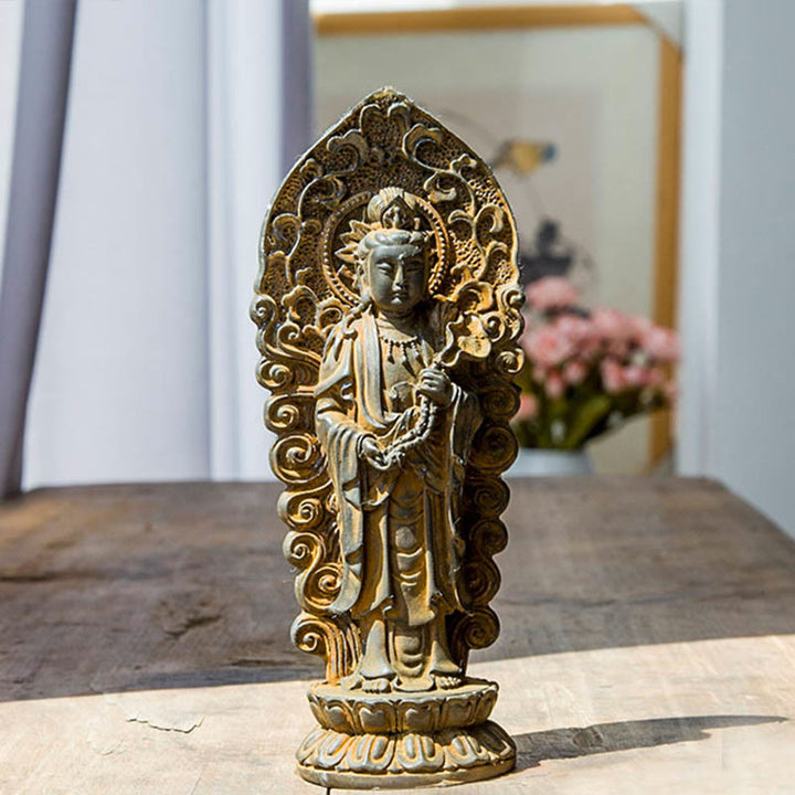 Buddha Stones手作り阿弥陀観音観音菩薩 Mahastamaprapta 鉄粉錆キャスト樹脂像装飾 - 仏如意ハンドル - 錆バージョン 18×7cm - image 0