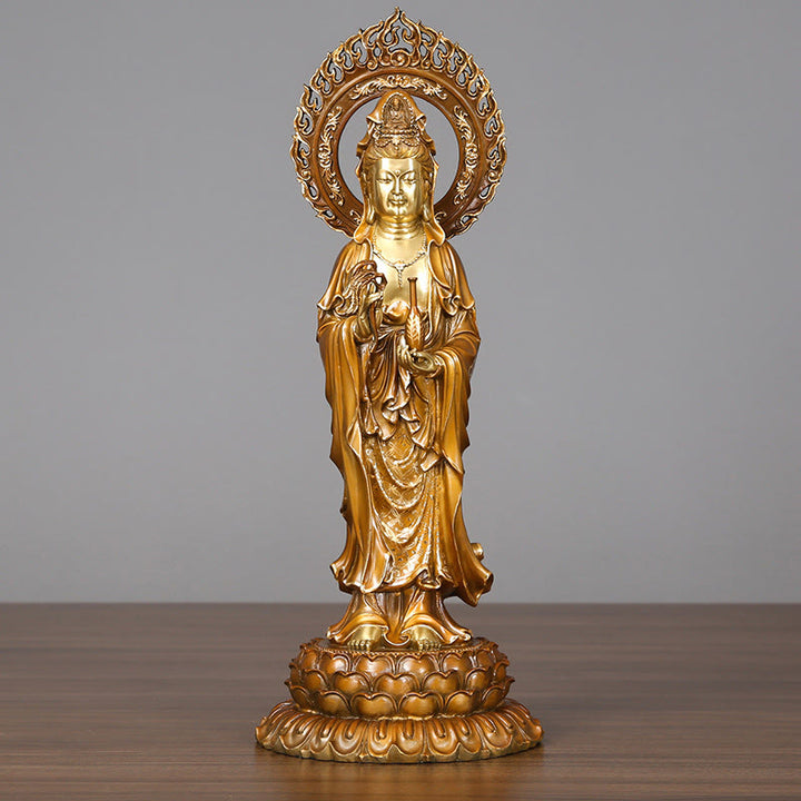 Buddha Stones菩薩 蓮華 オーラ 成功 真鍮 銅像 室内装飾 - 観音菩薩 19×45cm - image 0