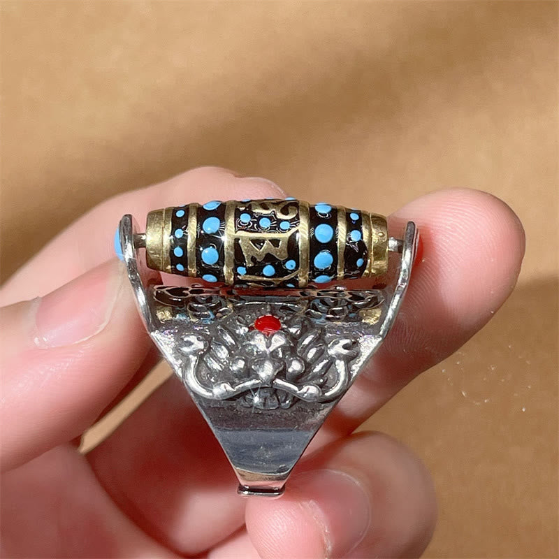 Buddha Stonesチベットオーム・マニ・パドメ・フムガルーダ Dzi ビーズ パターン 平和回転可能リング