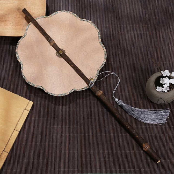 Buddha Stones手作り 桜 竹葉 ブドウ柄 長い紫竹ハンドル 携帯用 巻き上げ扇風機