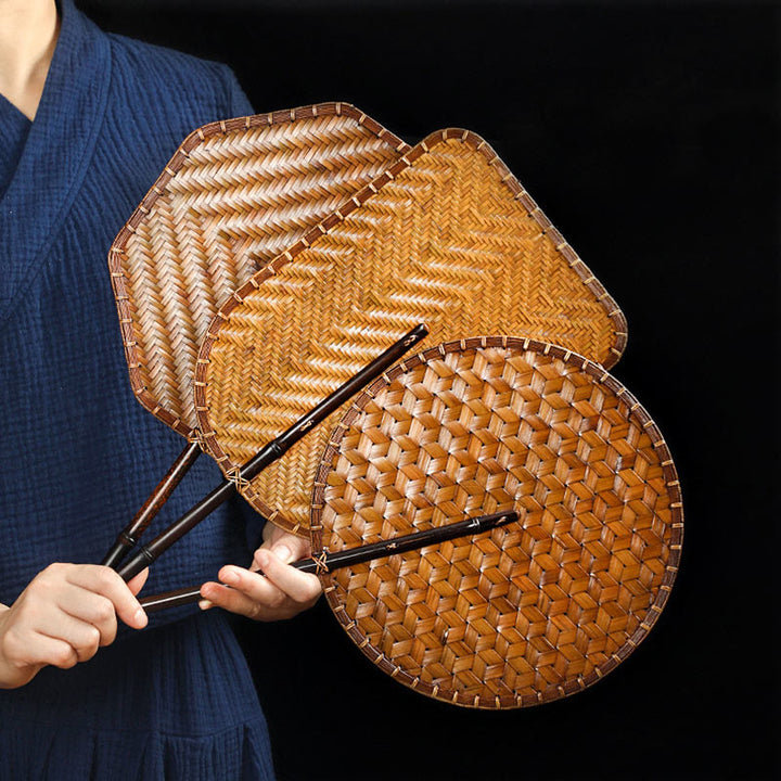 Buddha Stones中国風 手作り 竹編み 丸型 楕円形 バナナ型 長柄扇子
