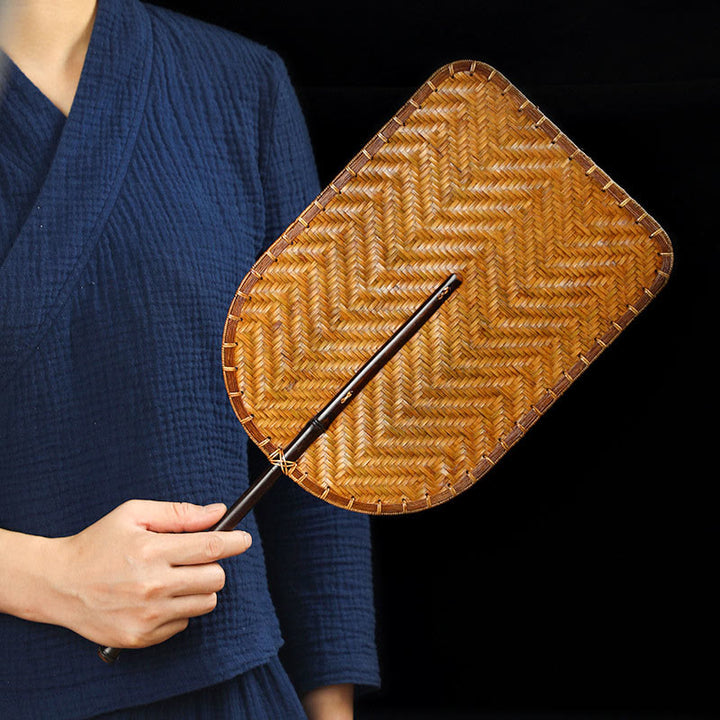 Buddha Stones中国風 手作り 竹編み 丸型 楕円形 バナナ型 長柄扇子