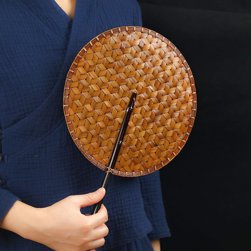 Buddha Stones中国風 手作り 竹編み 丸型 楕円形 バナナ型 長柄扇子