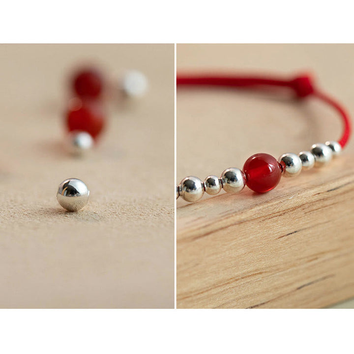 Buddha Stonesハンドメイド 925 スターリングシルバー 福文字 赤瑪瑙 幸運 編み込み 極薄 ロープ ブレスレット