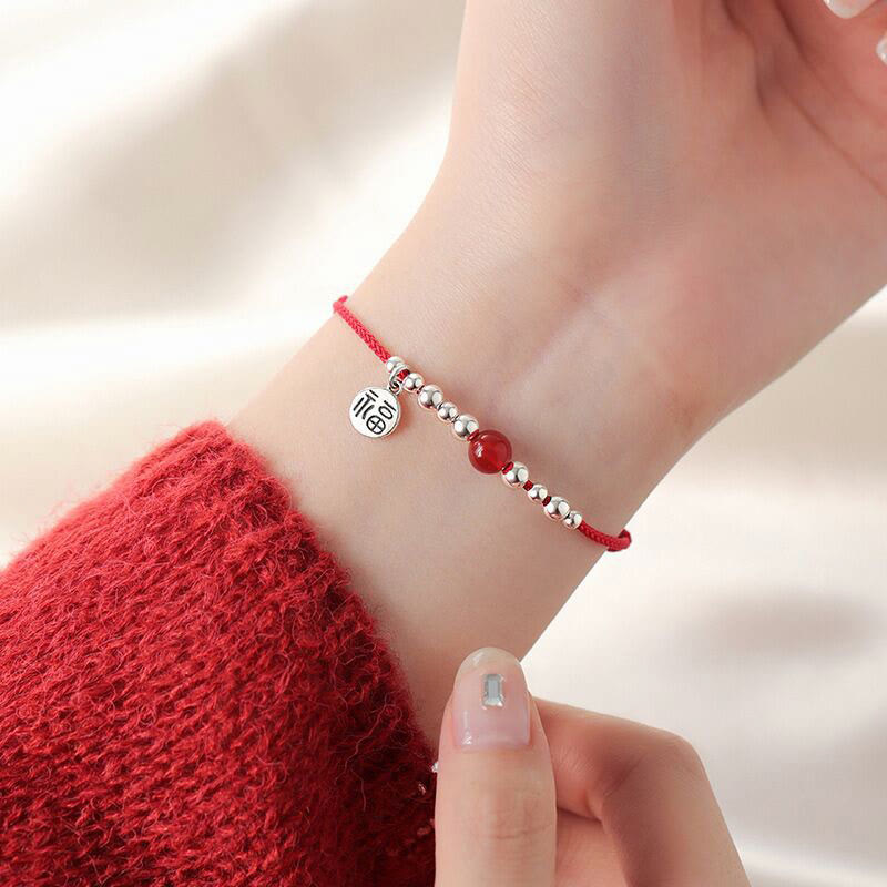 Buddha Stonesハンドメイド 925 スターリングシルバー 福文字 赤瑪瑙 幸運 編み込み 極薄 ロープ ブレスレット