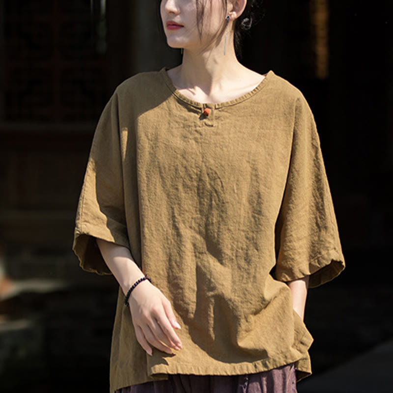 Buddha Stonesカジュアル ハーフスリーブ ラミー リネン コットン Tシャツ