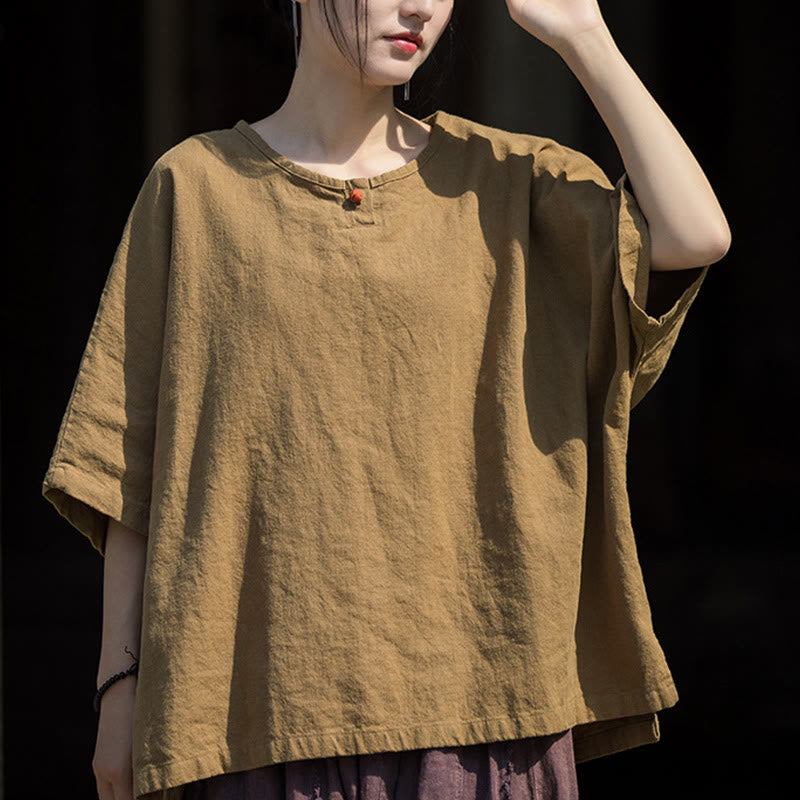 Buddha Stonesカジュアル ハーフスリーブ ラミー リネン コットン Tシャツ - image 1