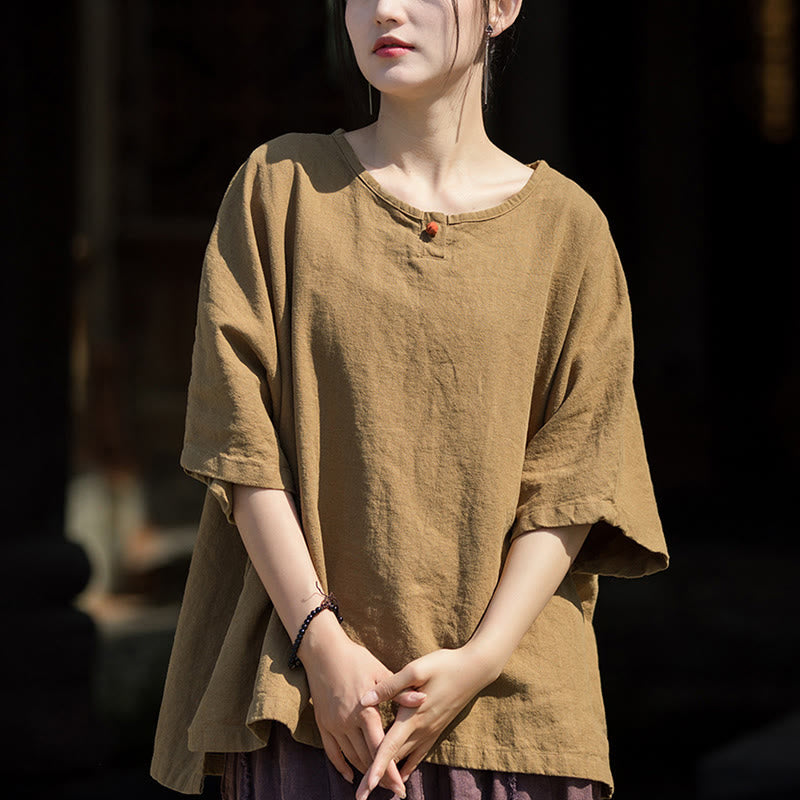 Buddha Stonesカジュアル ハーフスリーブ ラミー リネン コットン Tシャツ - ダークカーキ - US4-8/10、 UK/AU8-12/14、 EU36-40/42 (F) - image 0