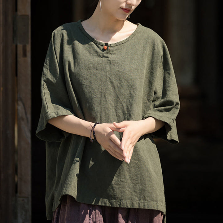 Buddha Stonesカジュアル ハーフスリーブ ラミー リネン コットン Tシャツ