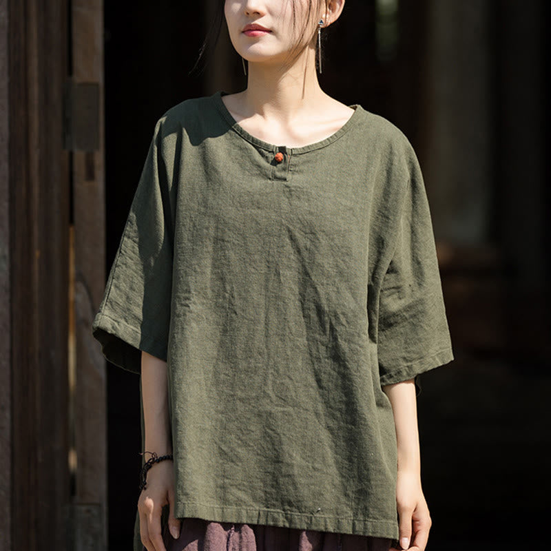 Buddha Stonesカジュアル ハーフスリーブ ラミー リネン コットン Tシャツ