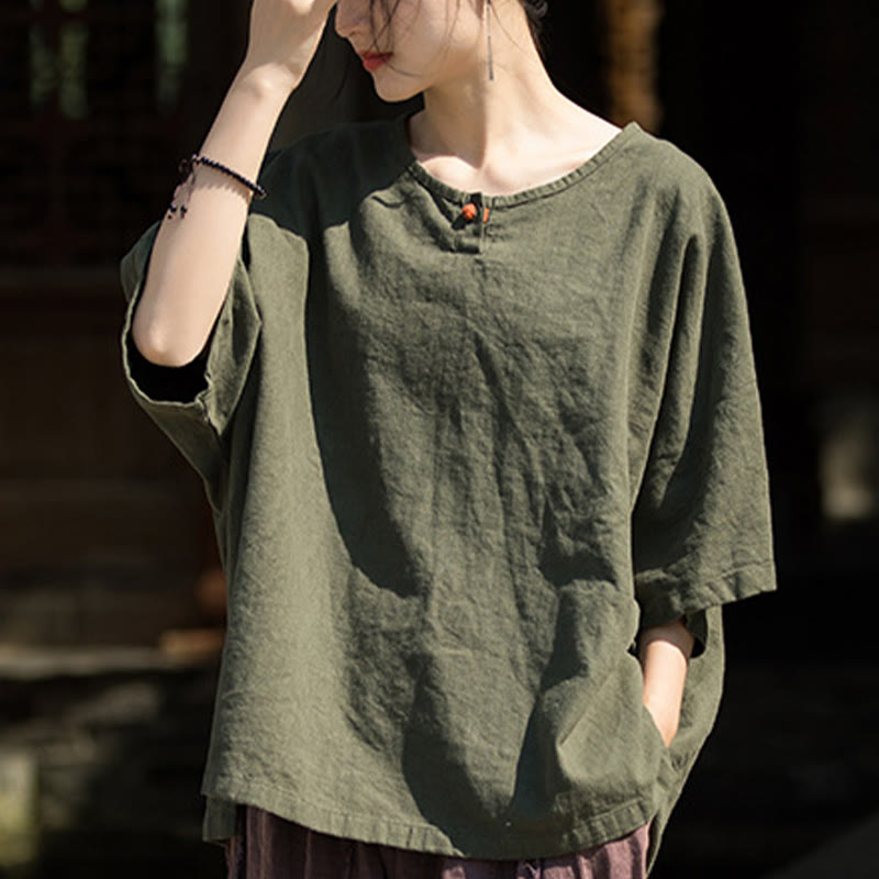 Buddha Stonesカジュアル ハーフスリーブ ラミー リネン コットン Tシャツ