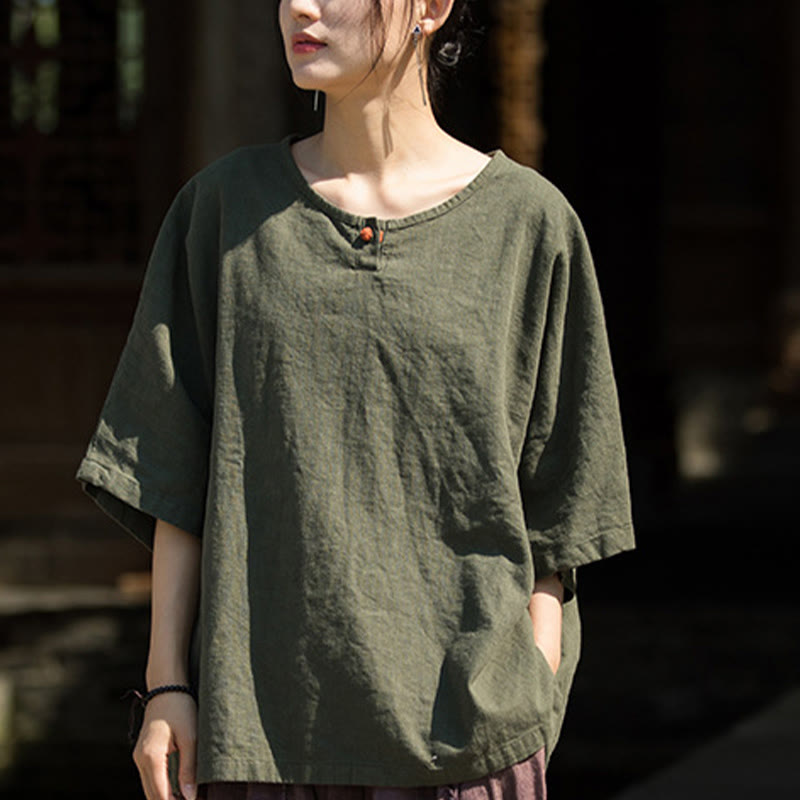 Buddha Stonesカジュアル ハーフスリーブ ラミー リネン コットン Tシャツ