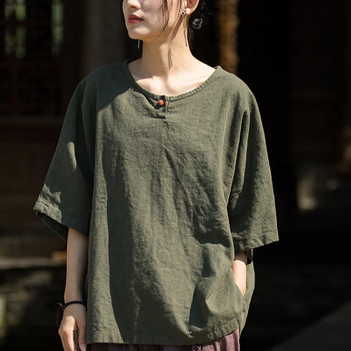 Buddha Stonesカジュアル ハーフスリーブ ラミー リネン コットン Tシャツ