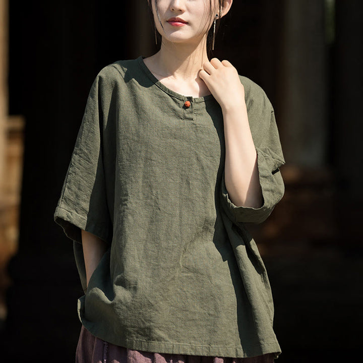 Buddha Stonesカジュアル ハーフスリーブ ラミー リネン コットン Tシャツ
