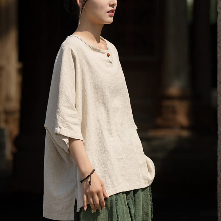 Buddha Stonesカジュアル ハーフスリーブ ラミー リネン コットン Tシャツ