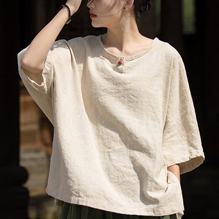 Buddha Stonesカジュアル ハーフスリーブ ラミー リネン コットン Tシャツ