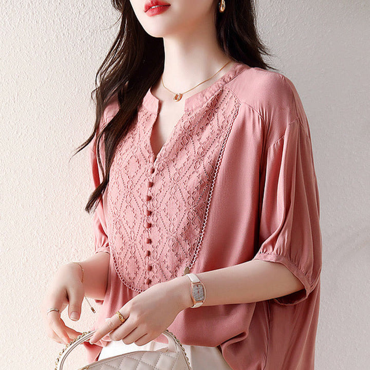 Buddha StonesVネック ピンクボタンデザイン ハーフスリーブTシャツ - image 3