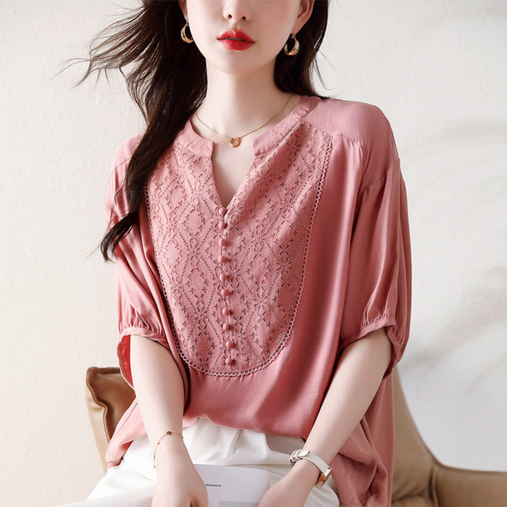 Buddha StonesVネック ピンクボタンデザイン ハーフスリーブTシャツ - image 10