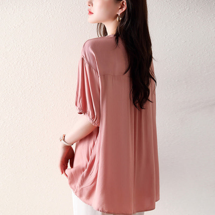 Buddha StonesVネック ピンクボタンデザイン ハーフスリーブTシャツ - image 3