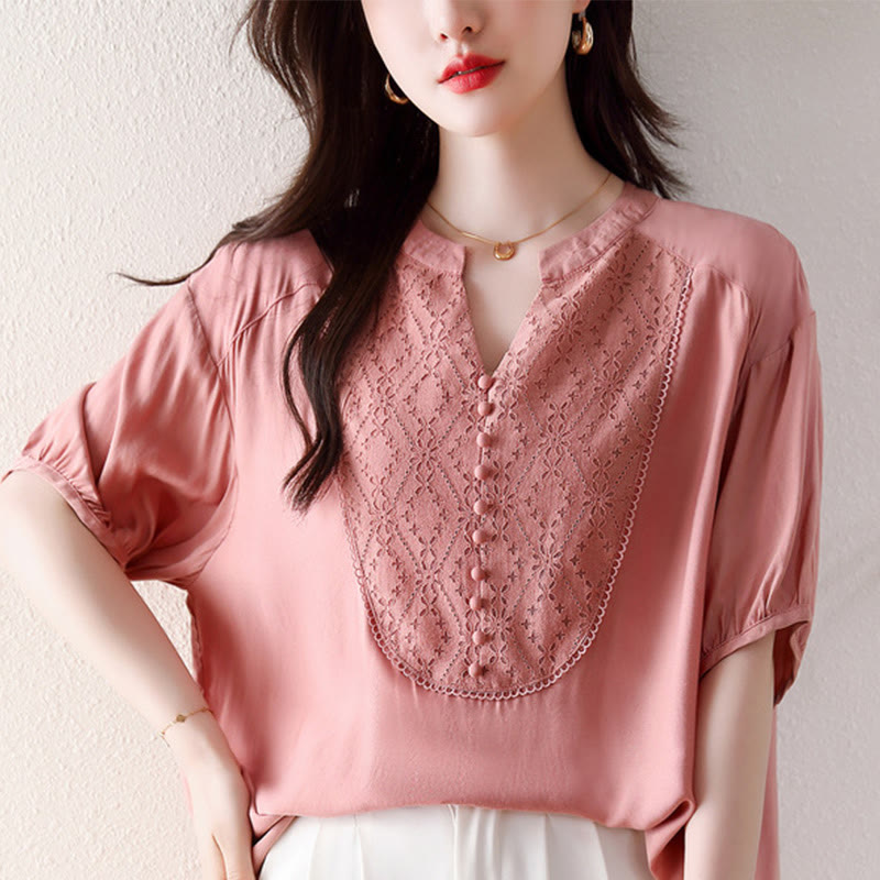 Buddha StonesVネック ピンクボタンデザイン ハーフスリーブTシャツ - image 13