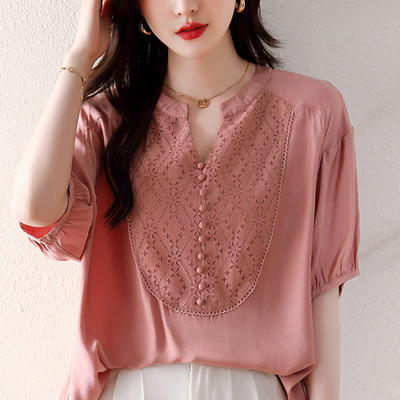 Buddha StonesVネック ピンクボタンデザイン ハーフスリーブTシャツ - image 13