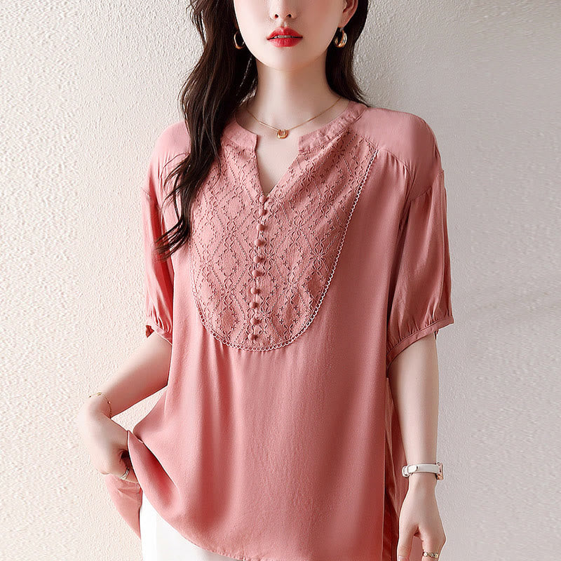 Buddha StonesVネック ピンクボタンデザイン ハーフスリーブTシャツ - 3XL（ US12、 UK/AU16、EU44に適合） - image 1