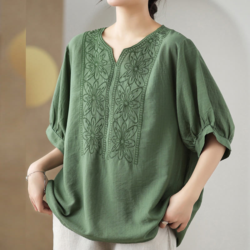 Buddha Stonesの花の刺繍デザイン半袖コットンリネンTシャツ - ダークシーグリーン - F( US4-6、 UK/AU8-10、EU36-38に適合) - image 0