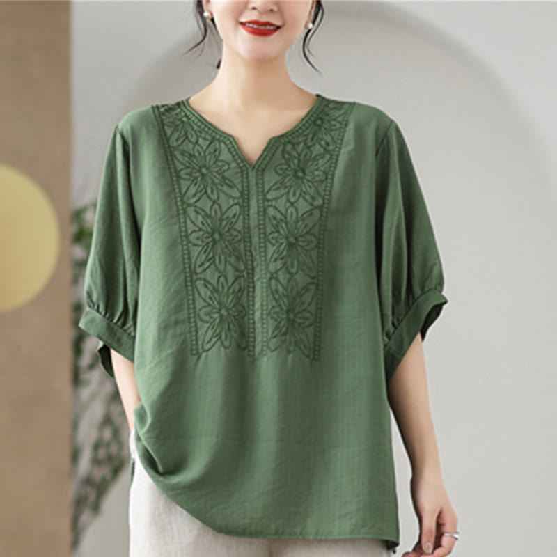 Buddha Stonesの花の刺繍デザイン半袖コットンリネンTシャツ - image 9
