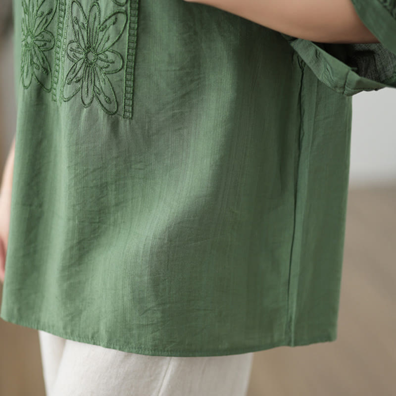 Buddha Stonesの花の刺繍デザイン半袖コットンリネンTシャツ - image 7