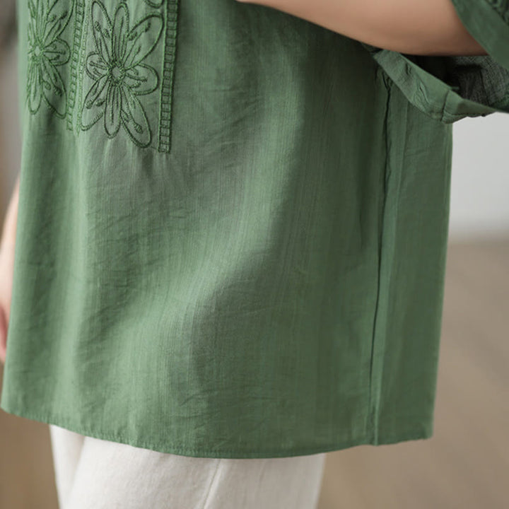 Buddha Stonesの花の刺繍デザイン半袖コットンリネンTシャツ - image 7