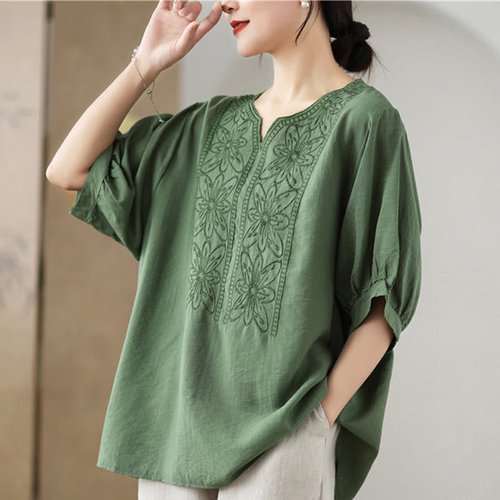 Buddha Stonesの花の刺繍デザイン半袖コットンリネンTシャツ - image 3