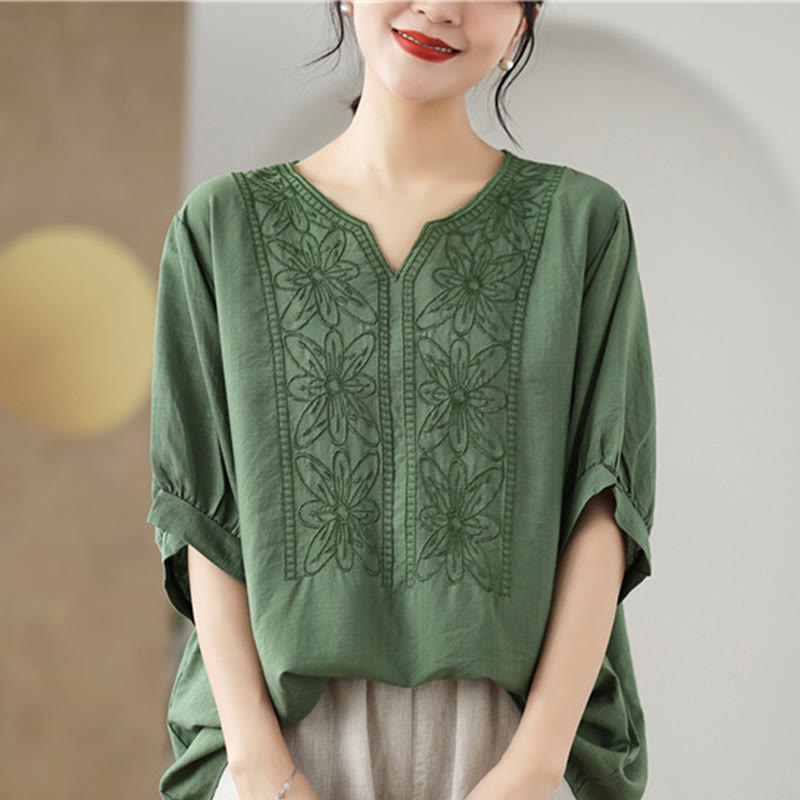 Buddha Stonesの花の刺繍デザイン半袖コットンリネンTシャツ - image 1