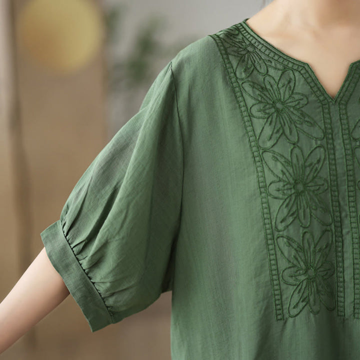 Buddha Stonesの花の刺繍デザイン半袖コットンリネンTシャツ - image 6