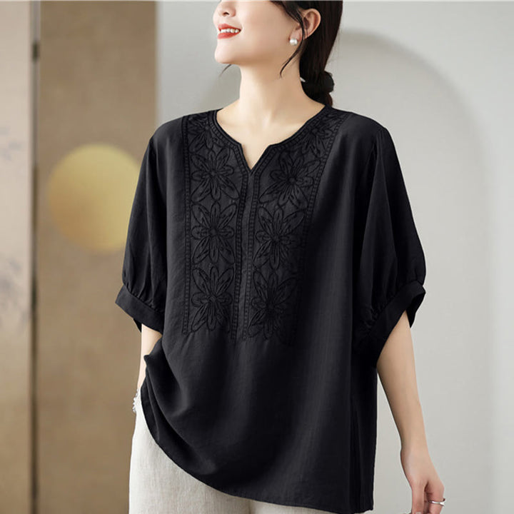 Buddha Stonesの花の刺繍デザイン半袖コットンリネンTシャツ - image 13