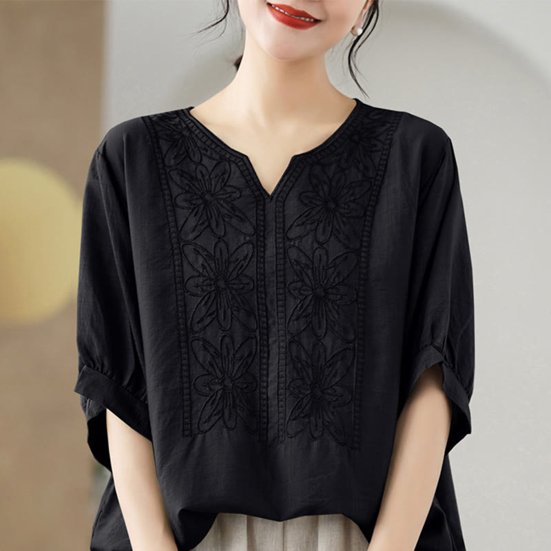 Buddha Stonesの花の刺繍デザイン半袖コットンリネンTシャツ - 黒 - F（US4-6、UK/AU8-10、EUサイズ36-38に対応） - image 11
