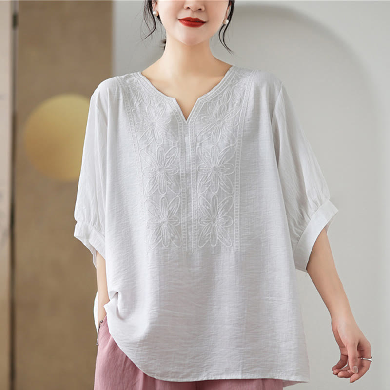 Buddha Stonesの花の刺繍デザイン半袖コットンリネンTシャツ - 白 - F（US4-6、UK/AU8-10、EUサイズ36-38に対応） - image 15