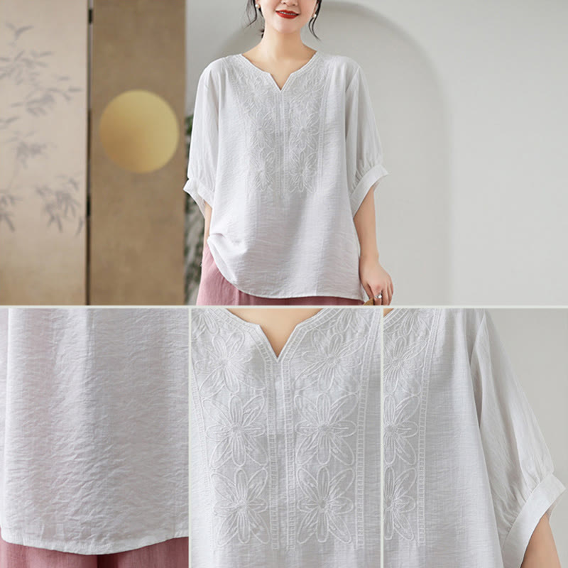 Buddha Stonesの花の刺繍デザイン半袖コットンリネンTシャツ - image 19