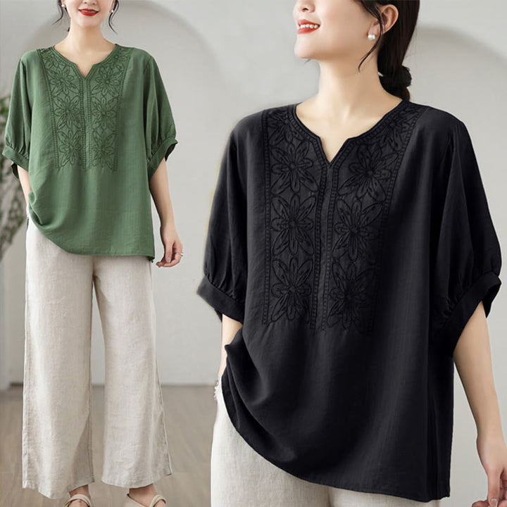 Buddha Stonesの花の刺繍デザイン半袖コットンリネンTシャツ - image 14