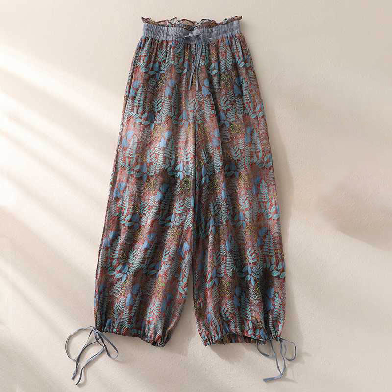 Buddha Stones夏 レディース ブルー リーフ 植物 ポケット付きパンツ - US8-10，UK/AU12-14，EU40-42 (2XL) - image 1