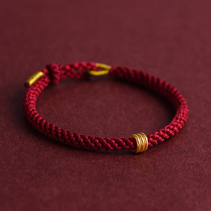 Buddha Stones 999ゴールド トリプルリングデザイン ハンドメイドコネクション編みロープブレスレット