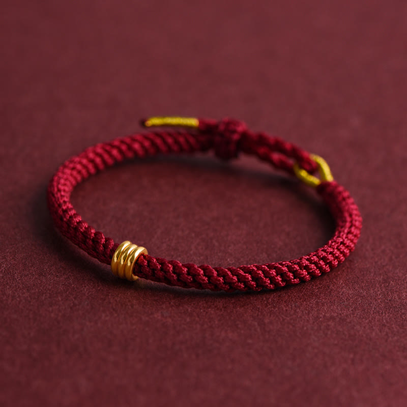 Buddha Stones 999ゴールド トリプルリングデザイン ハンドメイドコネクション編みロープブレスレット