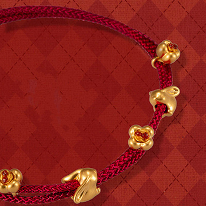 Buddha Stones999ゴールド 小さな幸運のウサギとキンモクセイのデザイン 手作りの幸運編みロープブレスレット - 金木犀ダブルラビット（金 約0.8g） - 21cm - image 12