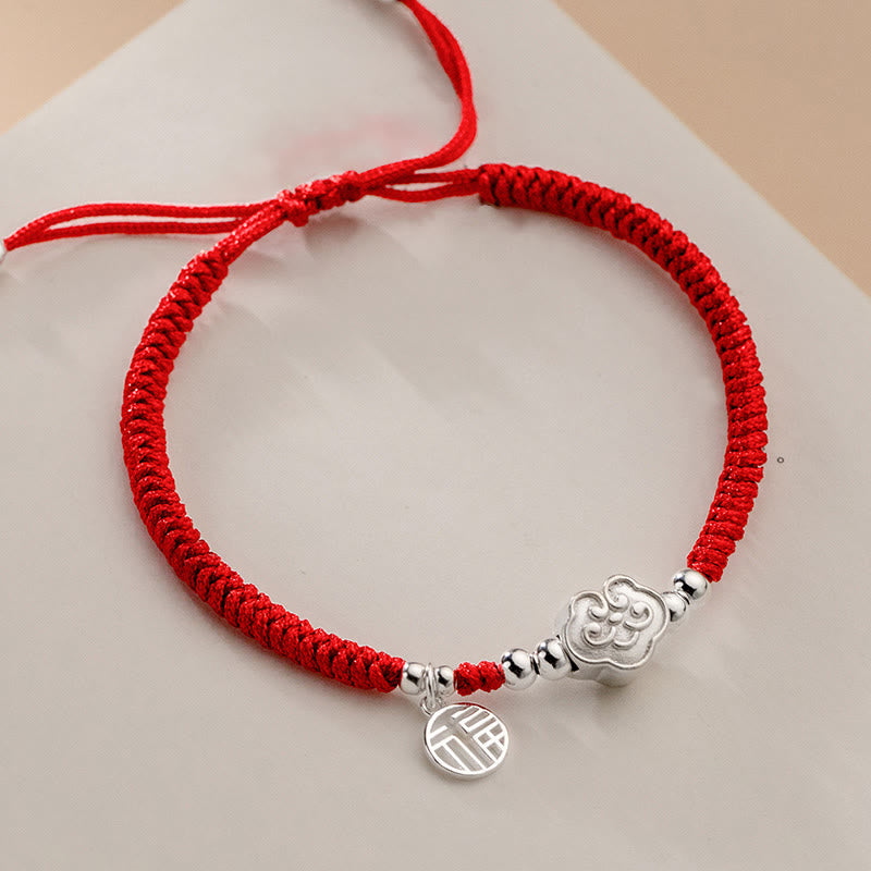 Buddha Stonesハンドメイド925スターリングシルバーフーキャラクター縁起の良い雲の祝福編みロープブレスレット